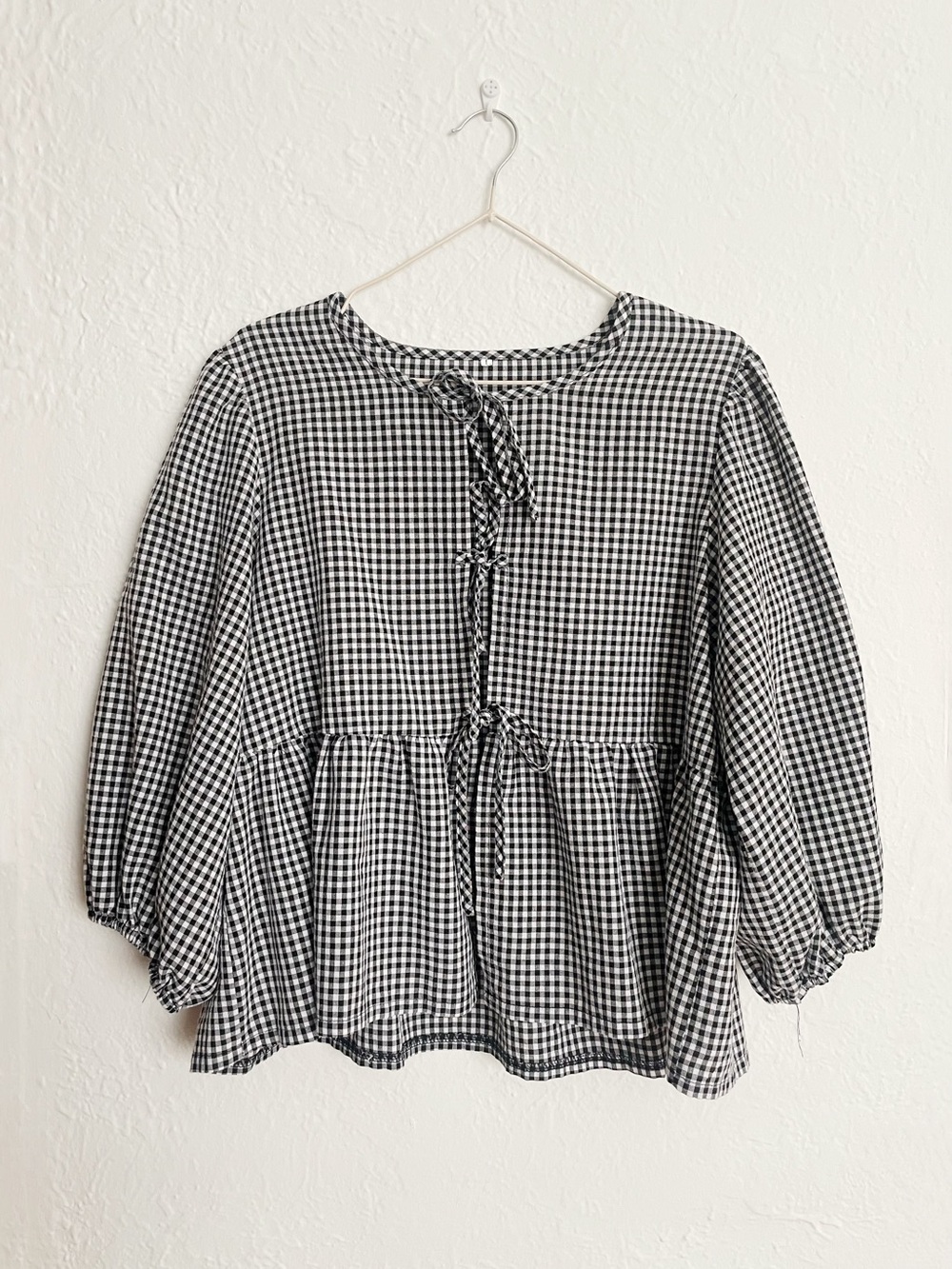 Black and White Gingham Tie-Front Peplum Top